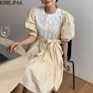 Korejpaa Mulheres Vestido Coréia Chic Doce Elegante Boneca Coleira Laço De Costura Costura Com Cintura Sleeve Vestido Mulher 210526