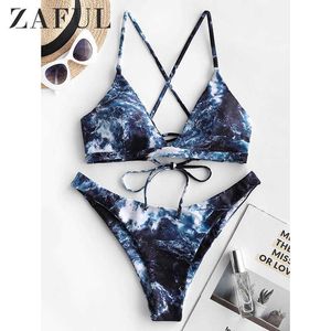 Zaful Cross Marble Make-Up Bikini Set Spaghetti Braps Swimsuit Женщины Сексуальный Push Up Купальник Летний Пляж Купальники Купальники Y0820