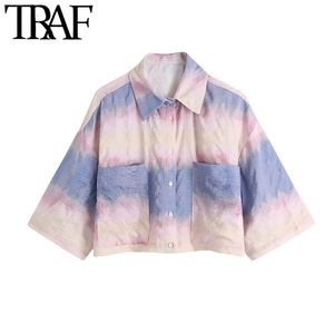 Women Fashion With Pockets Tie-dye Cropped Blouses Vintage Lapel Collar Short Sleeve Female Shirts Chic Tops 210507