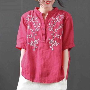 Arrival Summer style Women Short Sleeve Shirt Plus Size Vintage Embroidery Cotton Linen White Blouse Loose Ladies Tops D354 210512