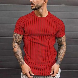 Męskie koszulki 2021 Styl Mężczyźni Mięśni Stripe Tshirt Letnia Odzież Streetwear Okrągły Koszula z krótkim rękawem Moda