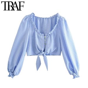 Mulheres Doce Moda Com Nó Verificação Cropped Blusas Vintage Ruffled O Pescoço Manga Longa Feminina Camisas Chic Tops Chique 210507