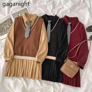 Women Two Pieces Set Long Sleeve Shirt Pleated Dress V Neck Knitted Vest Casual Loose Outfit Girl Suit Spring 210601