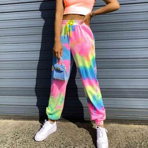 Höst Kvinnor Tie-Dye Skriv ut Byxor Casual Lace Upp Loose Sport Långbyxor Kvinnlig Harem Pant Kvinna Färg Elastisk Midja Pant 210507