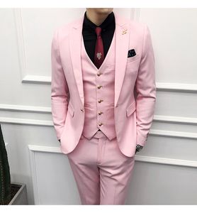 Роскошные розовые мужские деловые повседневные свадьбы смокинг моды моды мужские тонкие костюмы 3 частей набор (Blazer + жилет + брюки)