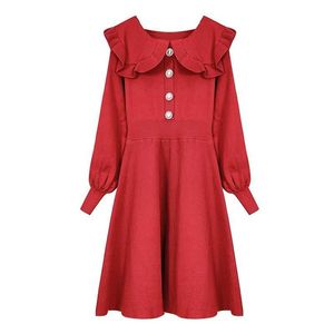 Być może u Czarny Red O Neck Z Długim Rękawem Krótka Mini Dress Ruffle Button Fit and Flare Elegancki Winter Party Dzianiny Solid D1508 210529