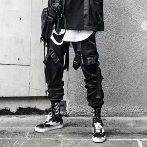 Joggers lastbyxor för män Casual Hip Hop Hit Färgficka Manlig byxor Sweatpants Streetwear Ribbons Techwear Pants 201118