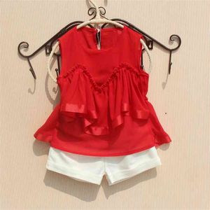 Camicia rossa in chiffon Ragazze Vestiti per bambini coreani Camicetta estiva per ragazza della scuola adolescente Camicie senza maniche carine per bambino 210622