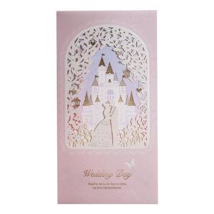 Greeting Cards 50pcs Wishmade Laser Cut Wedding Invitations Princess & Prince In Castle Blush Shimmer Floral Invitation With Envelopes