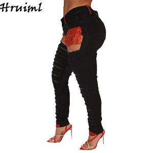 Jeans mulheres diamante bolso buraco sexy lantejouls preto longa calças diariamente casual lápis skinny calça 210513