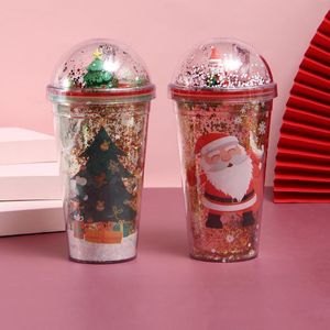 Tazze 2022 anni Micro Paesaggio Tazza di plastica con cannuccia Glitter creativi Summer Ice Student Coppia Regalo di Natale Bicchieri