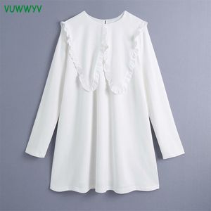 VUWWYV White Combined Collar Short Dress Women Spring Smock Design Ruffle Woman Long Sleeve Casual Ladies Vestidos 210430