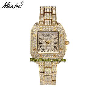 MissFox 2021 Eternity V287 Fritid Mode Lady Klockor Guld CZ Diamanter Inlay Ring Quartz Movement Womens Watch Alloy Case Half Diamond Armband