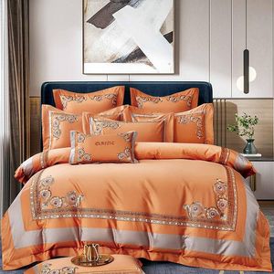 Luxus Orange 1400TC Ägyptischer Baumwollsatin Seidiges Bettwäscheset Blumen Stickerei Bettbezug Bettlaken Kissenbezüge Heimtextilien-Sets