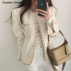 Botão dourado jaqueta de lã mulher inverno único bolso de peito elegante tweed casaco cortado coreano escritório de negócios outono 211025