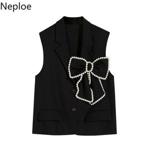 Neploe Women Vest Beading Bow Black Waistcoat Single Breasted Tank Jackor Koreanska Fashion Ärmlös Loose Streetwear Toppar Femme 210422