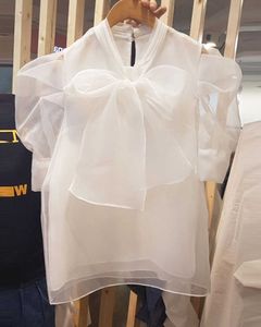 夏のデザイン弓パフスリーブホワイトシフォンシャツ女性トップスブラウス210615