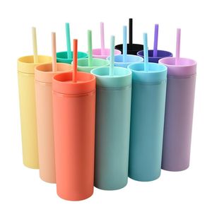 16oz Acrylic Tumblers Matte Colors Double Wall 500ml Tumbler Coffee Drinking Plastic Sippy Cup With Lid Straws GYQ