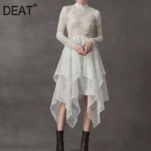 Весна и летняя мода повседневная темперамент с высокой талией нерегулярное белое кружево среднесрочное платье женщин SH350 210421