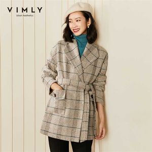 VIMLY Winter Plaid Cappotti e giacche da donna Fashion Tasche con risvolto Cintura soprabito Elegante blazer femminile Cappotto di lana F2998 211110