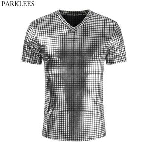 Silver Plaid Metallic Nightclub Wear Tshirt Men Sexy Stage Prom Tshirts Men Slim Fit V Neck Tee Shirt Homme 210522