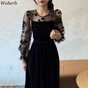 Elegant Black Velvet Dress Women Fashion Korean Chic Floral Mesh Sleeve Autumn Retro Vestidos Sexy Dresses 210519