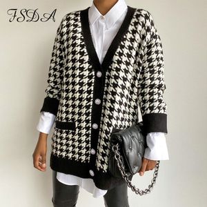 FSDA V Neck Women Button Black Houndstooth Cardigan 2020 Long Sleeve Sweater Autumn Winter Knitted Loose Oversized Jumper Casual