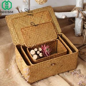 WHISM Handmade Woven Storage Box with Lid Rattan Basket Jewelry Food Container Makeup Organizer Toys es 211102
