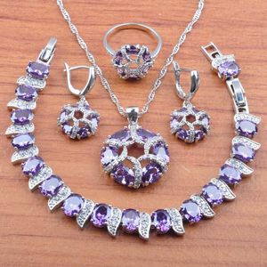Earrings & Necklace Natural Purple Crystal Zirconia Silver Color Jewelry Sets Russian Style Wedding Set Pendant Rings Bracelet JS0440