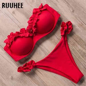 Ruuhee Bandeau Bikini Stroje Kąpielowe Kobiety Swimsuit Sexy Ruffle Set Push Up Suit Bathing Samica Brazylijski Leopard 210625