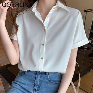 Formal OL Style Women's Shirts for Summer Plus Size Chic Elegant Buttons White Tops S--2XL Short Sleeve Blouse 210601