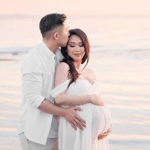 Maternity Off Shoulder Chiffong Gown Fotografi Lace Split Front Maxi Klänning För Photoshoot Dress Baby Shower Graviditet Dress D30 Y0924