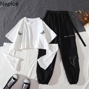 NAPOE Kore O Boyun Uzun Kollu Kırpma Üst Bahar Tulum Takım Elbise Kadın Gevşek Slim Fit Yüksek Bel Rahat Spor Pantolon İki Parçalı 210422