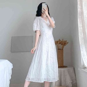 Högkvalitativ Kvinnor Sommar V-Neck Puff Sleeves Solid Semester Kläder Casual A Line Streetwear Office Midi Dresses 210514