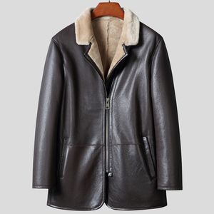 秋と冬の革のジャケットメンズスリムな毛皮のコートジャケットのウインドブレーカーの外出のオーバーコート男性のシープスキンコートプラスサイズの茶色の肥厚ウォームトップス