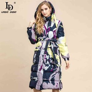 Vårbanan Långt hooded down Coat Women Turtleneck Belt Vintage Print Warm Duck Jacket Overcoat 210522