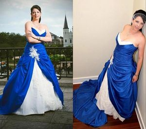 Vintage königsblaue und weiße Brautkleider, herzförmiger Ausschnitt, Satin, Spitze, Perlen, geraffte Falten, nach Maß, Plus-Size-Castle-Kleid für die Hochzeit