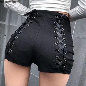 Jeans Feminino Cintura Alta Cintura Magnada Denim Sexy Lace-Up Slim Gothic Harajuku Mulheres Curtas Verão Fino Negro Bodycon Vintage Club