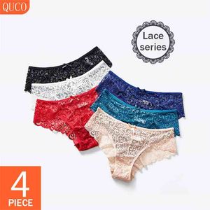 QUCO Bryand 4 Pcs/Lot Sexy Lace Underwear Women Panties Mesh Floral Female Lingerie Sheer Thong Women's Erotic Briefs 210730