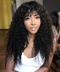 Kinky Curly Non Lace Front Wig Full Machine Made 100% Human Hair Wigs With Bangs for Black Women Brazilian Pervian Indain Deep Wave Glueless 150% density Natural Color