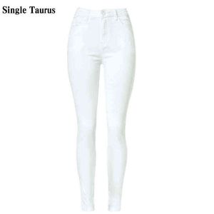 Высокая талия женские джинсы мода белый эластичный толчок сексуальные тонкие джинсовые брюки карандаш растягиваются тощие леди брюки панталон Femme 211229
