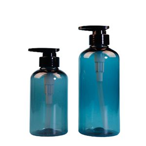 Refillable Bottle Plastic Blue PET Round Shoulder 300ml 500ml Black Collar Lotion Pump Empty Cosmetic Packaging Container Shampoo Pump Bottles