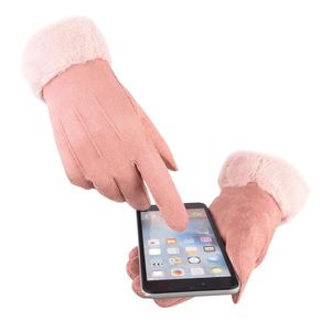 Zimowe rękawiczki dla kobiet ekran dotykowy pani zamszowe ciepłe pluszowe rękawiczki palec żeńskie eleganckie miękkie czarne rękawiczki Gants