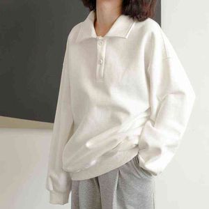Qweek Casual Polo Collar Hoodies Kvinnor Vintage Koreansk stil Vit Sweatshirt Långärmade Toppar Harajuku Kläder School 211108