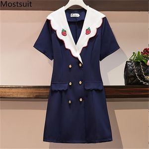 Summer Strawberry Embroidered Double-breasted Women Dress Plus Size Short Sleeve A-line Mini Dresses Korean Fashion Vestido 210513