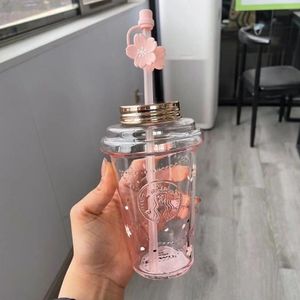 Large Capacity Limited Edition Mug Gradient Cherry Blossom Glass Original Cup with Cute Straw 473ML