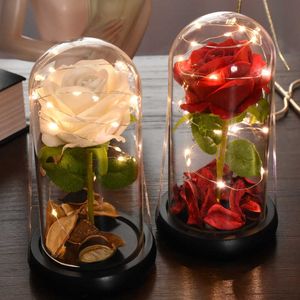 Eternal Flower Glass Glass Cover LED Light Róża Sztuczny Kwiat W Dome Na Boże Narodzenie Matki Walentynki Prezent 210624