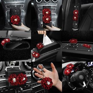 Steering Wheel Covers Red Flower Car Cover Neck Waist Pillow Universal Styling Headrest Cushion Pearl Rose Tissue Box Women