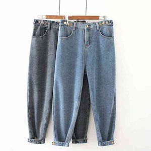 Garota solta moda namorado jeans para mulheres cintura alta plus tamanho amaciador de corpo inteiro denim harem calças retrô azul cinza 4xl 5xl 211129