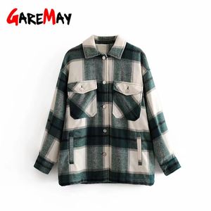 Kobiety Green Plaid Woolen Płaszcz Kurtka Moda Lapel Collar Z Długim Rękawem Luźne Oversize Casual Vintage Coats 210428